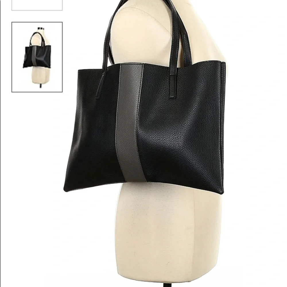 Vince Camuto | Black Leather Gray Stripe Shoulder Carry Tote Bag | Pebble Camuto